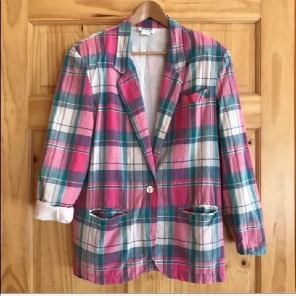 Vintage F Shay pink green plaid boyfriend blazer plus size 14